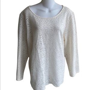 Loft XL Sheer Lace Overlay Blouse Top Ivory Back Button Cotton Blend NWT